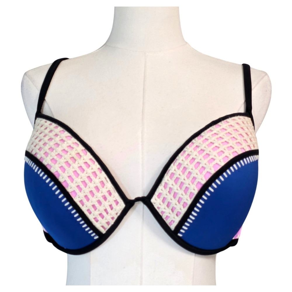 Victoria's Secret Bikini Top Womens‎ 36DD Blue Pink Excellent Crochet Push Up